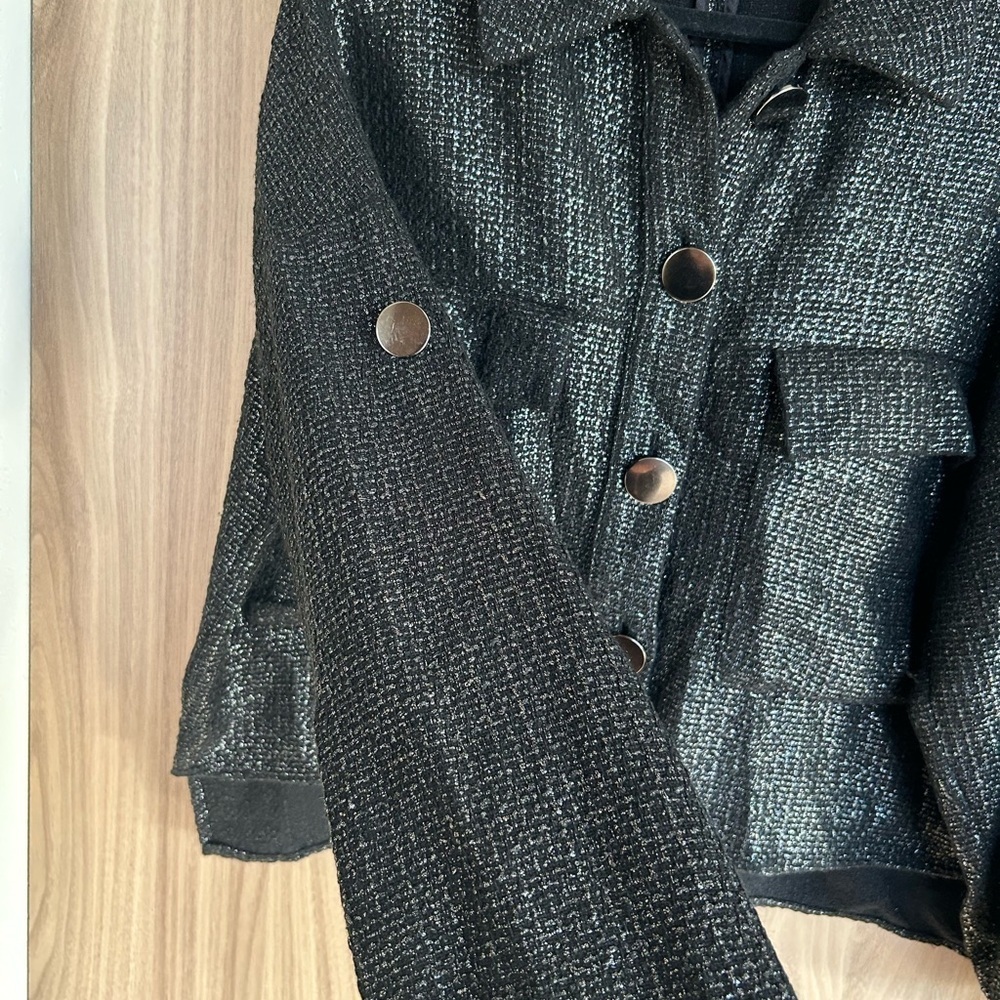 Zara  metallic tweed metal buttons Oversized black Womens jacket Medium Large - Picture 3 of 9